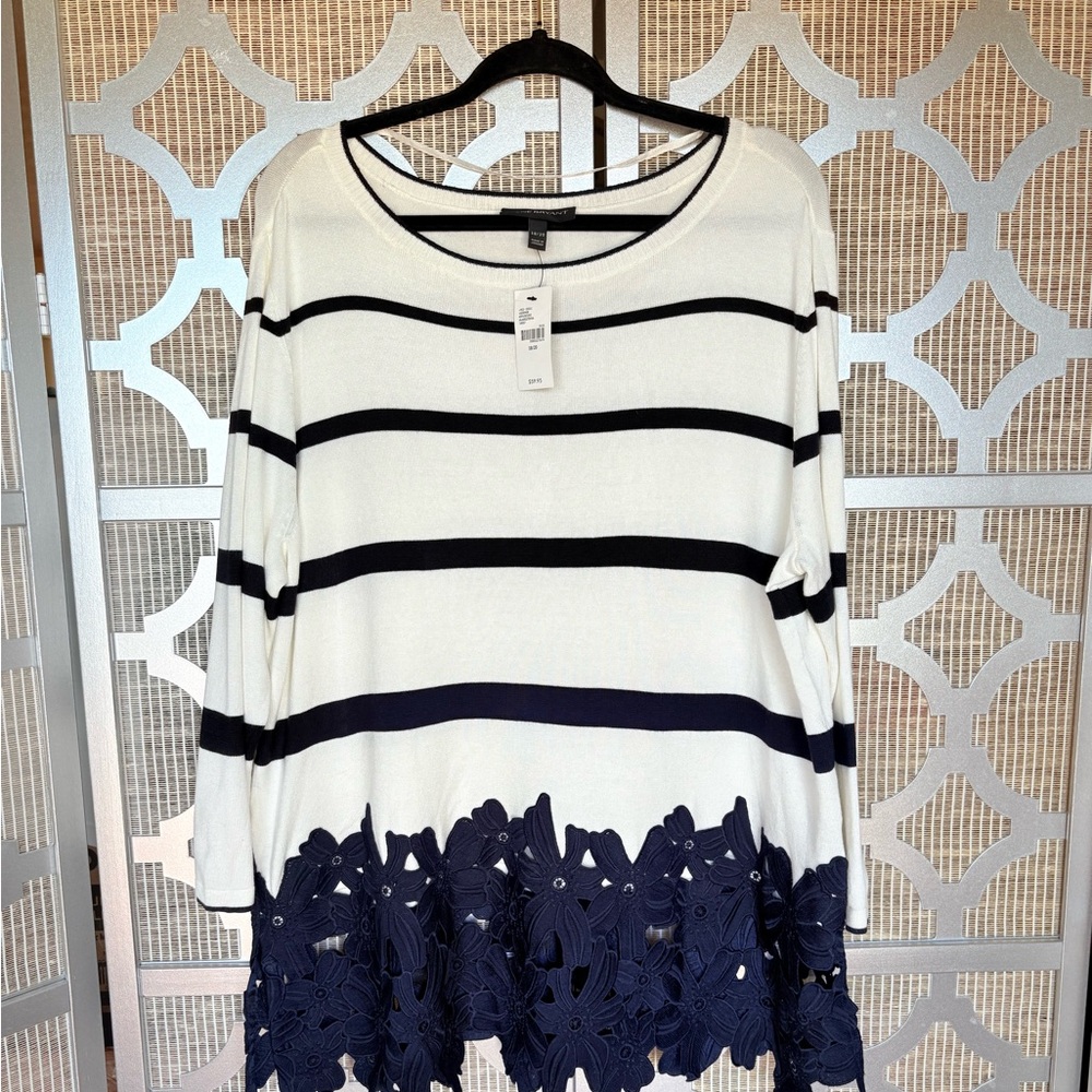 Lane Bryant Boxy White and Blue Embellished Blouse